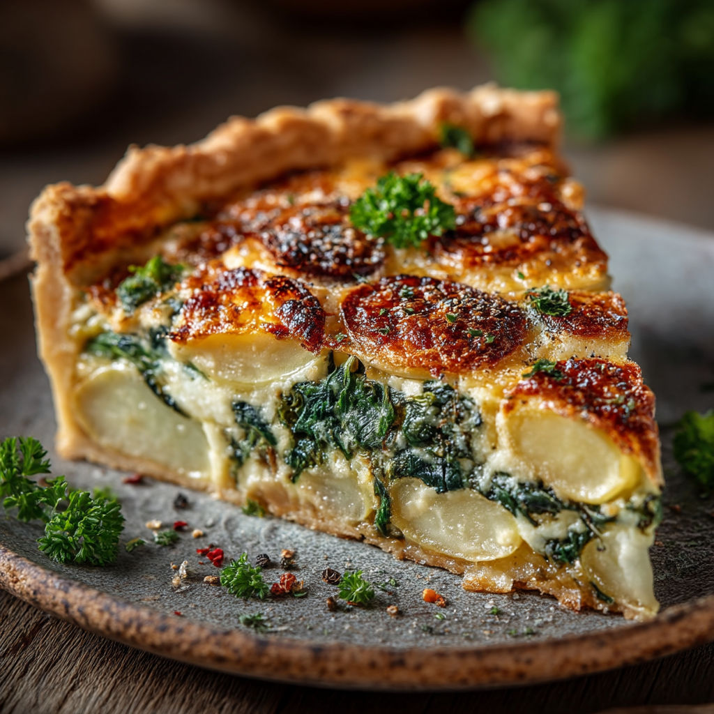 Une quiche aux épinards et à la raclette sur un plateau.