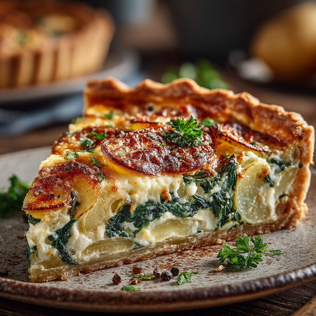 Une tarte aux pommes et aux épinards sur une table.