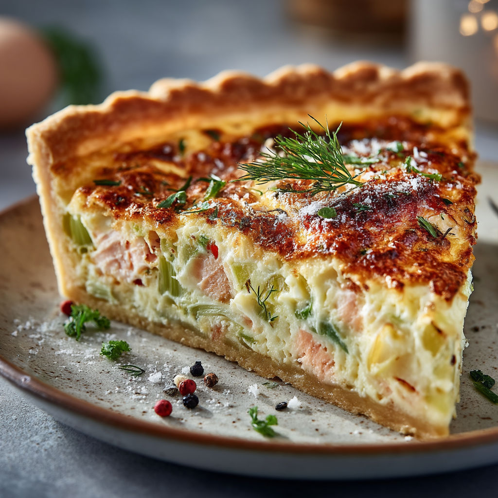 Une quiche au poireau et saumon fumé.