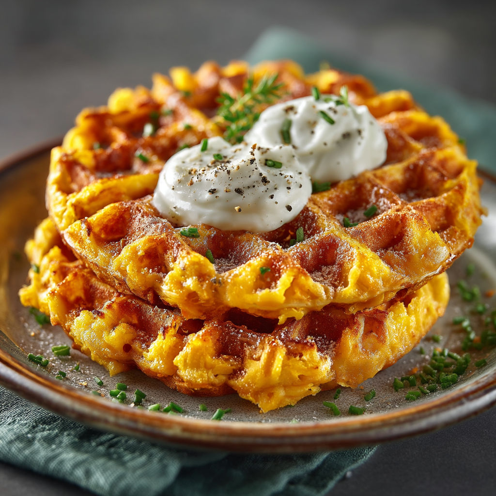 Une galette de waffle avec des herbes et du fromage.