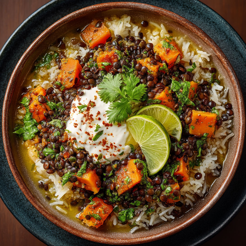 Une soupe chaude avec des légumes et des graines.