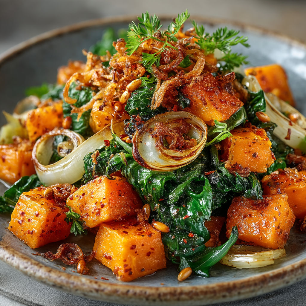 Poêlée de patates douces, poireaux et blettes.