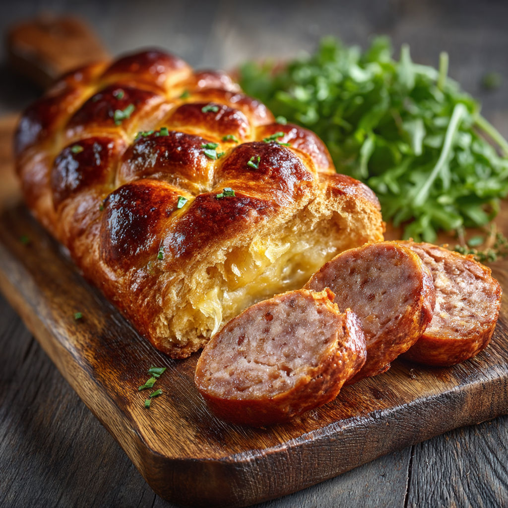Une baguette de pain et des saucisses sur une planche.