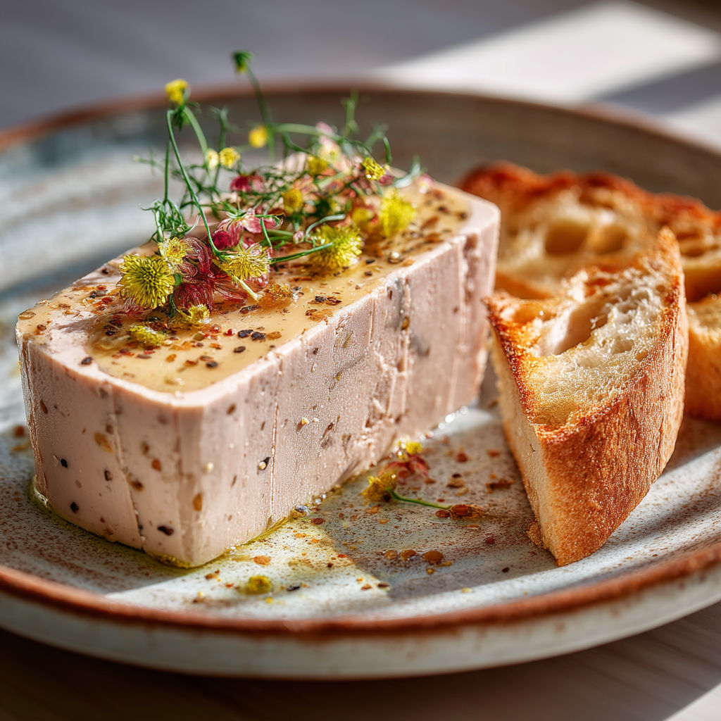 Terrine de foie gras poêlé sur un plateau.