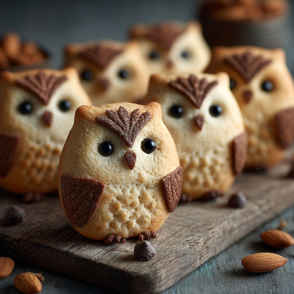 Owls are on a wooden board.