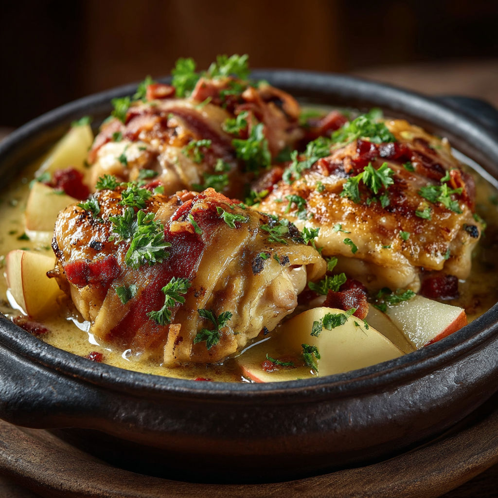 Cocotte de poulet au cidre et pommes.