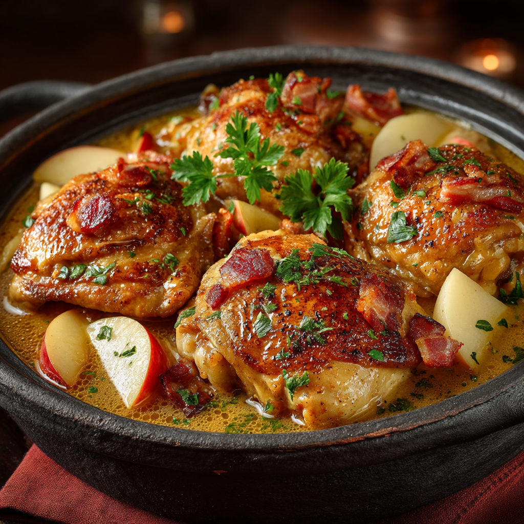 Chicken with bacon and herbs in a bowl.