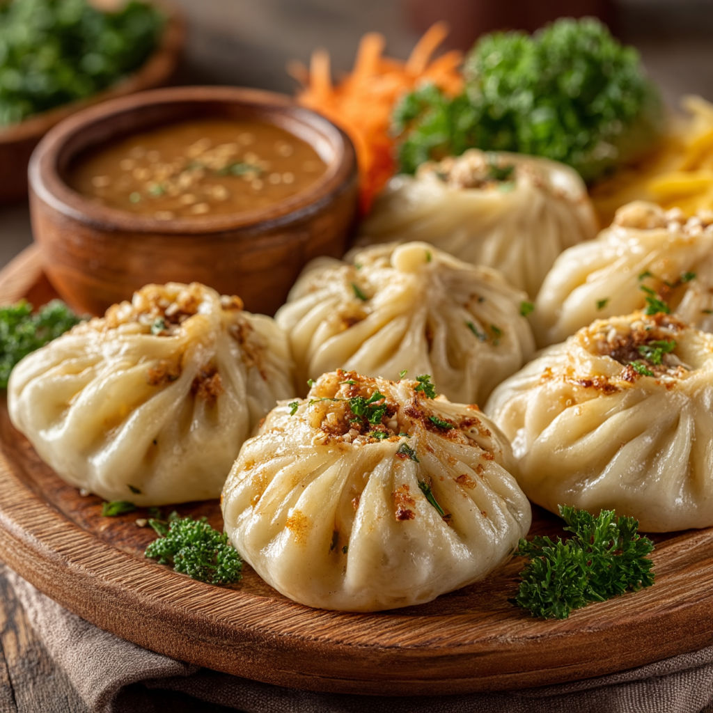 Une assiette de dim sum avec des gâteaux et des légumes.