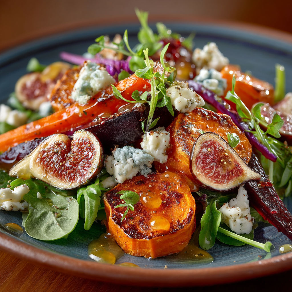 Une salade automnale composée de patates douces, de figues et de légumes verts.