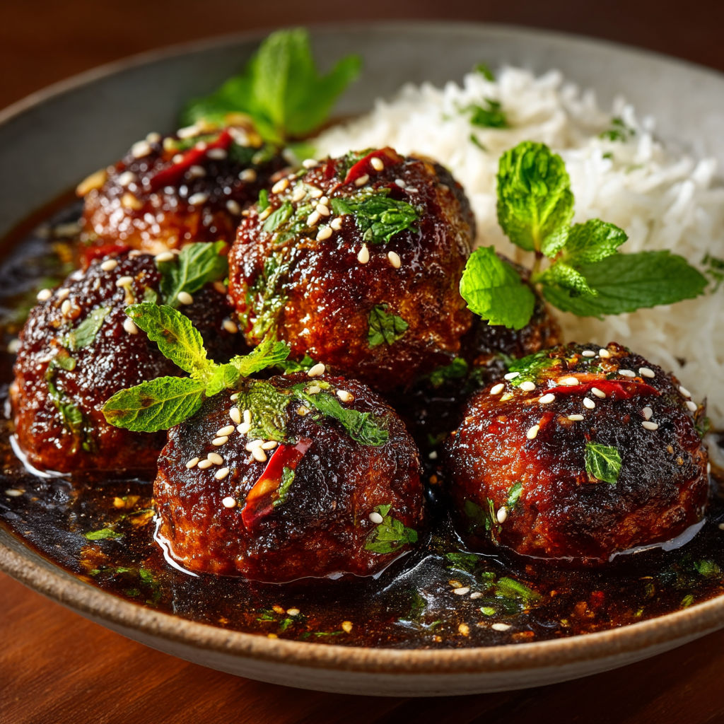 Un plat contenant des boulettes de viande avec des herbes et des grains de riz.