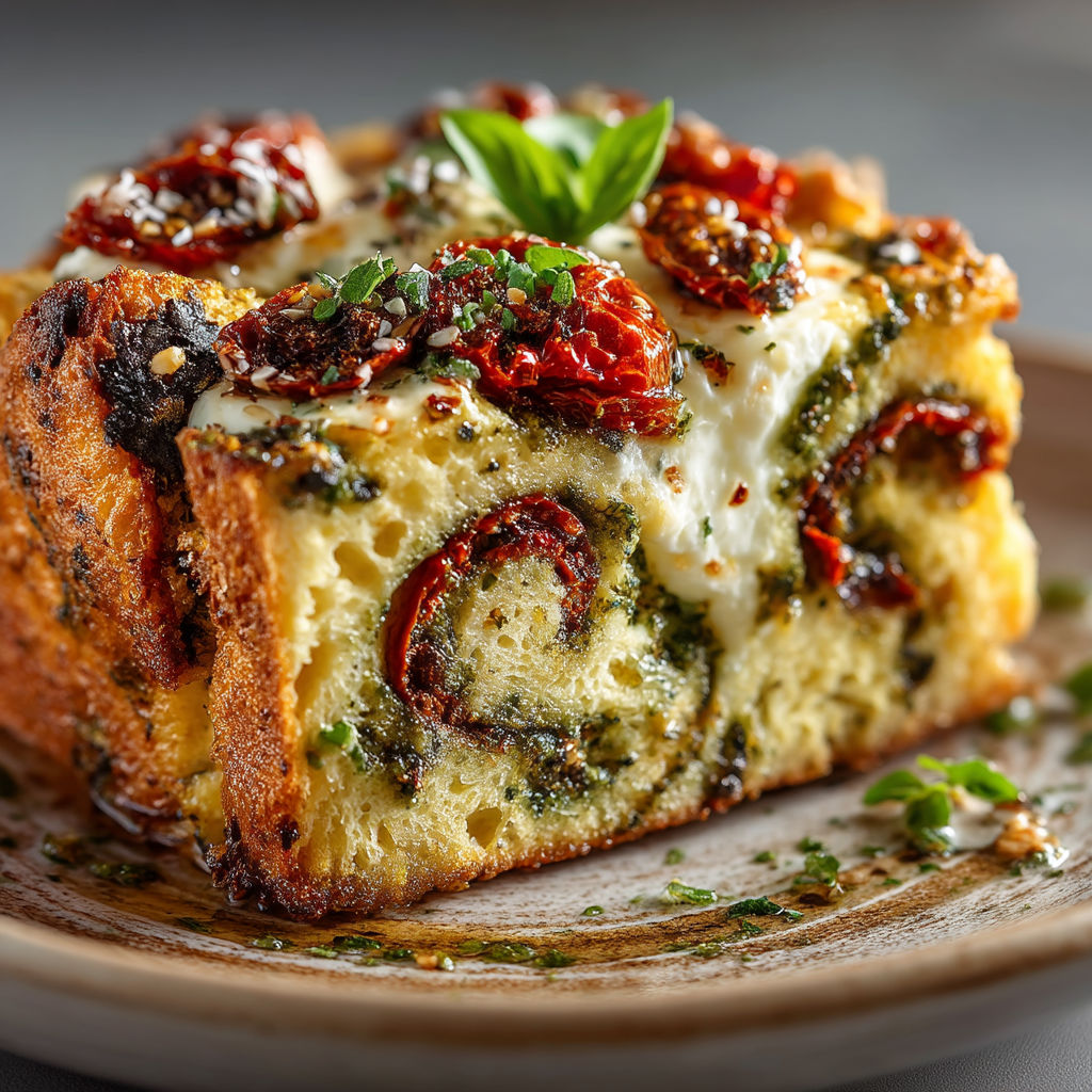 Une tarte au pesto est servie sur un plateau.