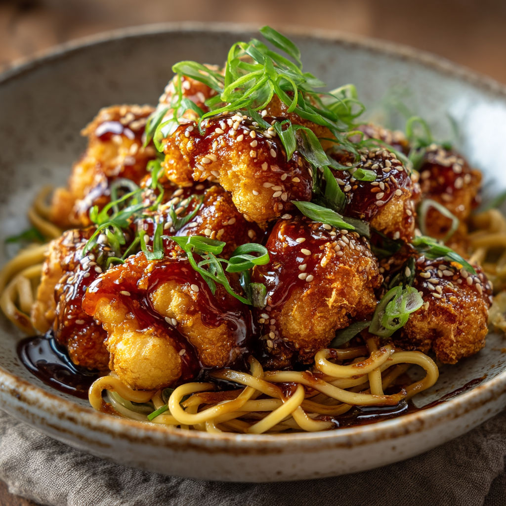 Une assiette de noodles et de friture de poulet.