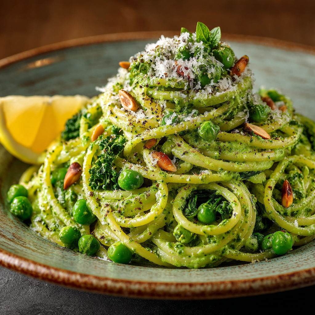 Pâtes au pesto de petits pois et épinards.