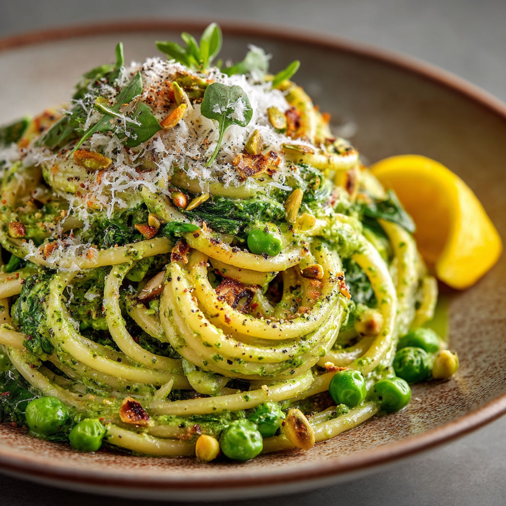 Une pile de spaghetti avec des légumes verts et des herbes.
