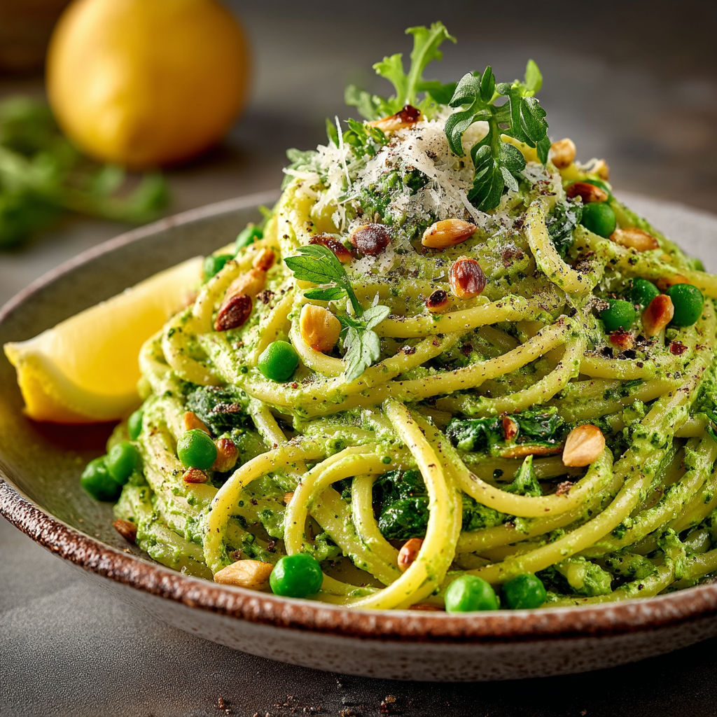 Une pile de spaghetti avec des légumes verts et des noix.