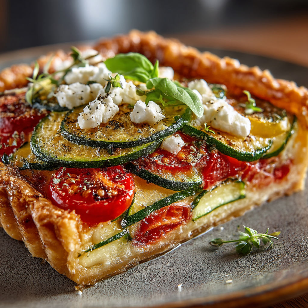 Une tarte aux légumes, avec des tomates, des zucchini et des herbes.