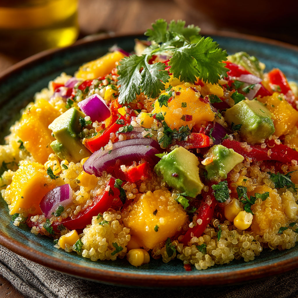 Une salade de quinoa avec des mangues et des épinards.