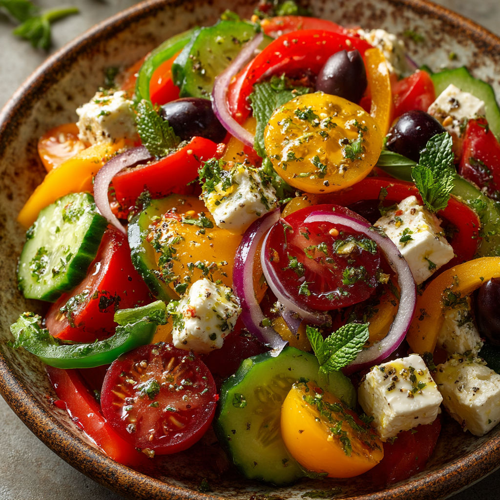 Une salade de tomates, cucumbers, olives et herbes.