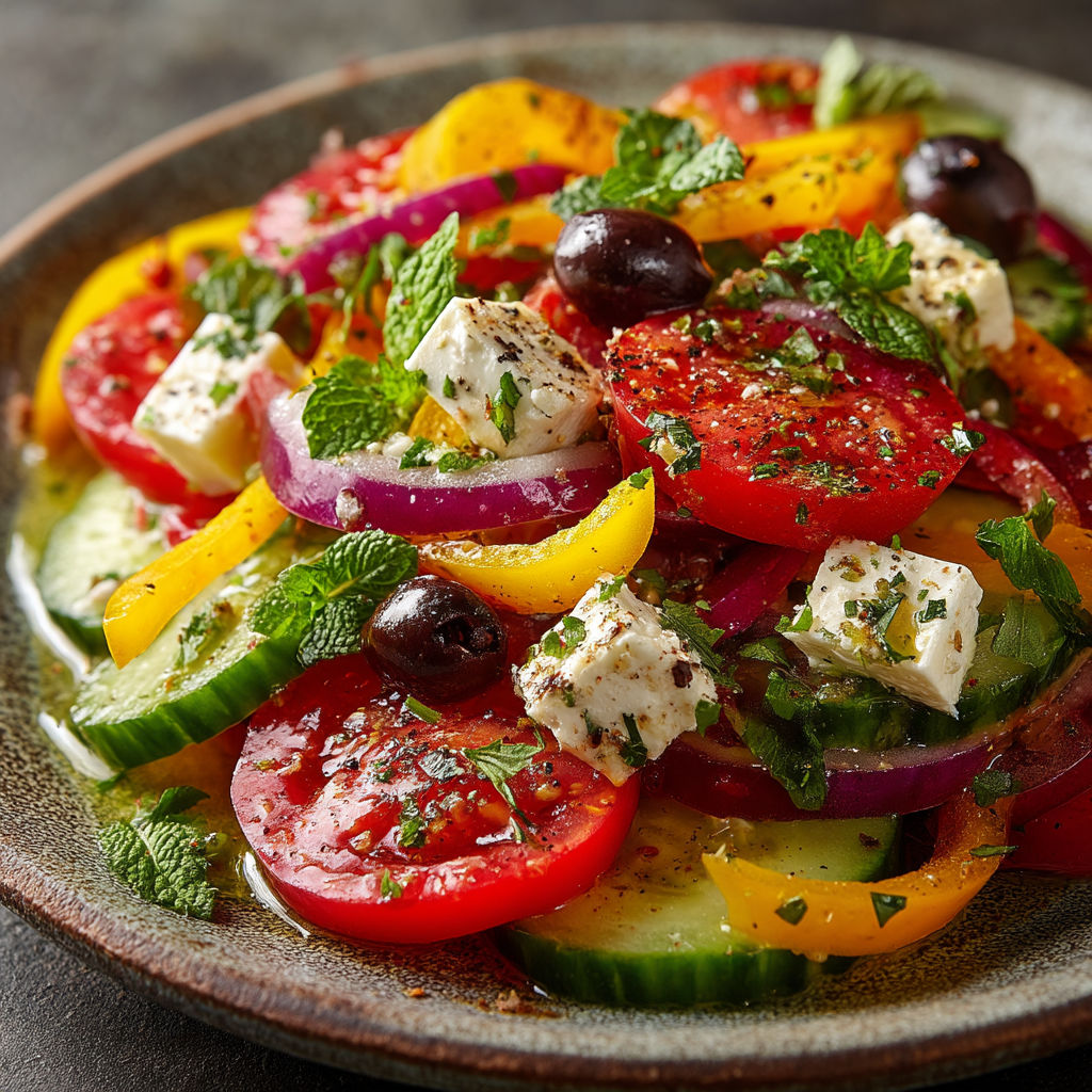 Une salade de tomates, aubergines, cucumbers, olives et fromage.