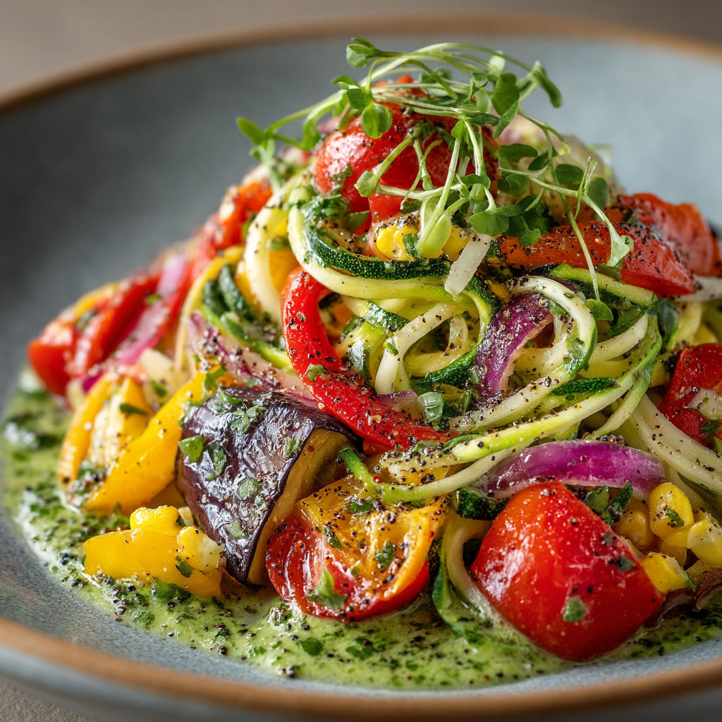 Une assiette de pâtes à la sauce verte, avec des légumes tels que des tomates, des poivrons et des courgettes.