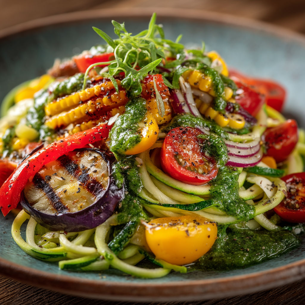 Une salade de tomates, aubergines, courgettes et cornichons.