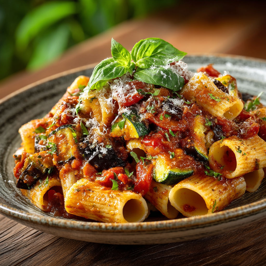 Une assiette de spaghetti sauce aux légumes du soleil.