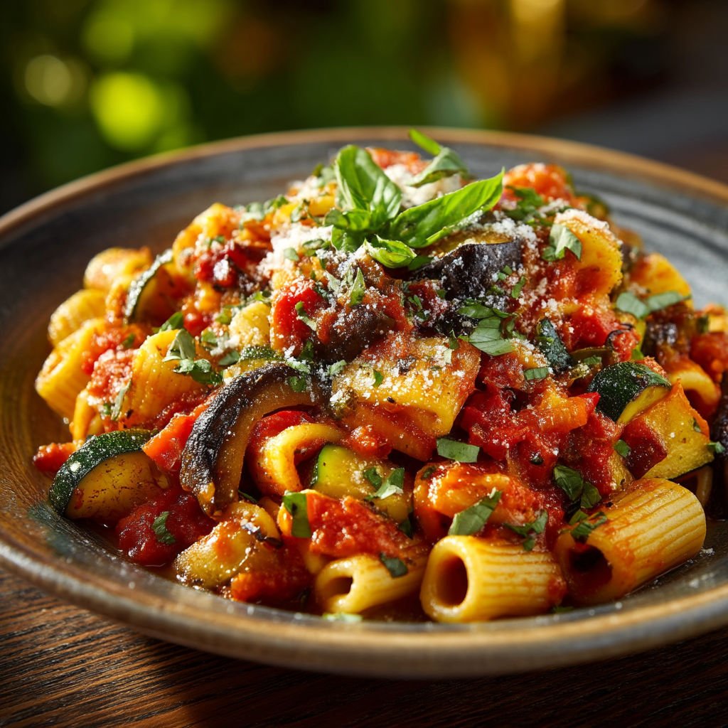 Une assiette de spaghetti avec des légumes et des herbes.