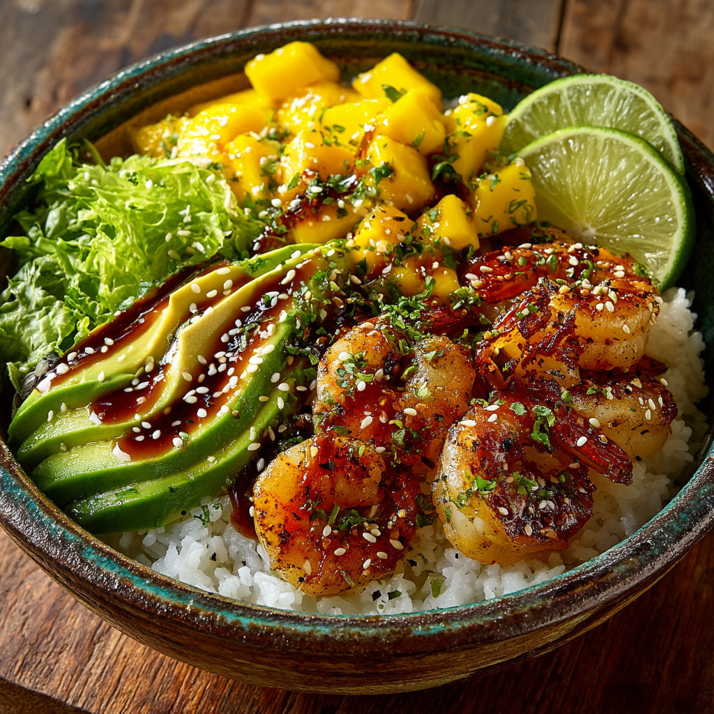 Poké bowl avec des crevettes et des légumes verts.