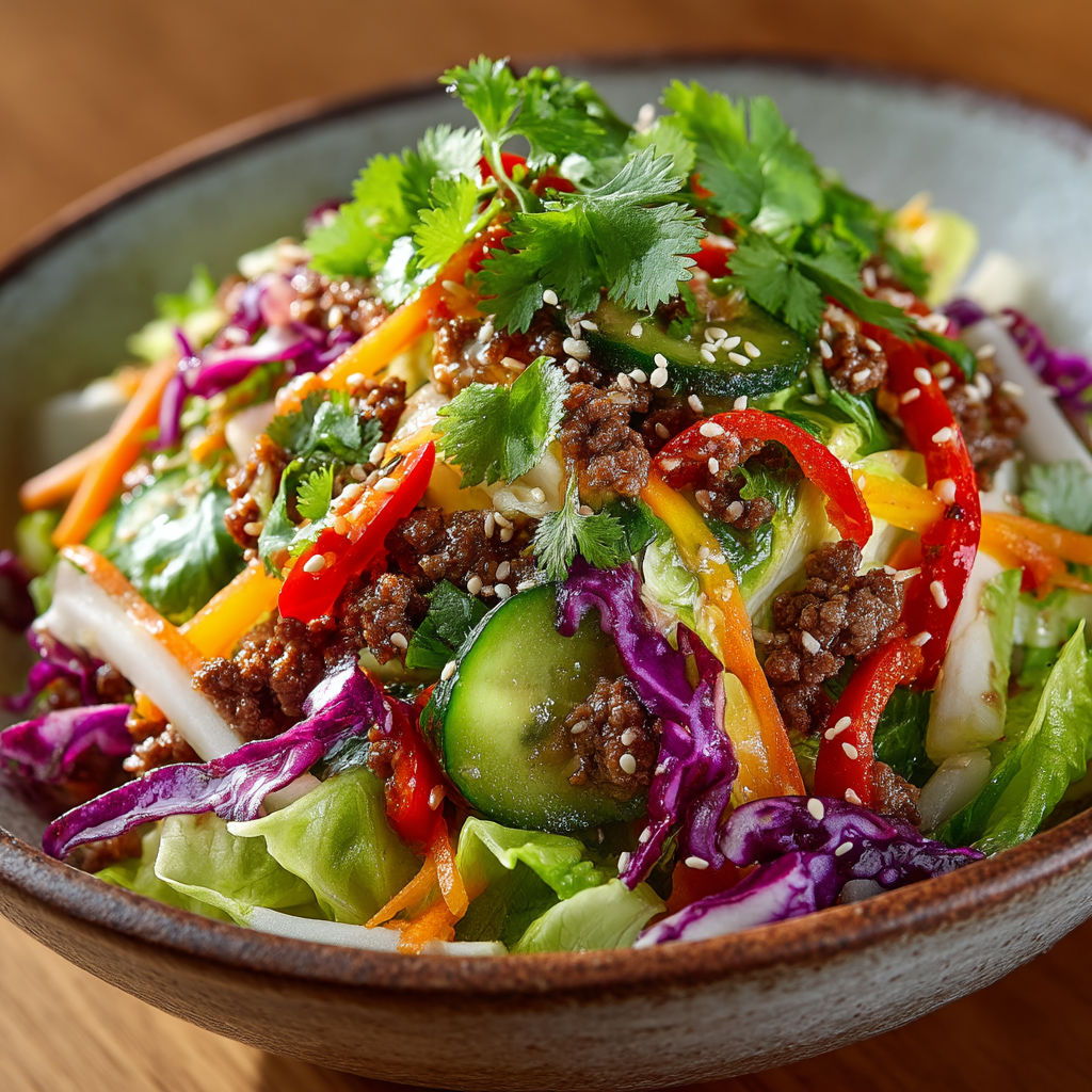 Une salade de légumes et de viande, avec des légumes verts et des épices.