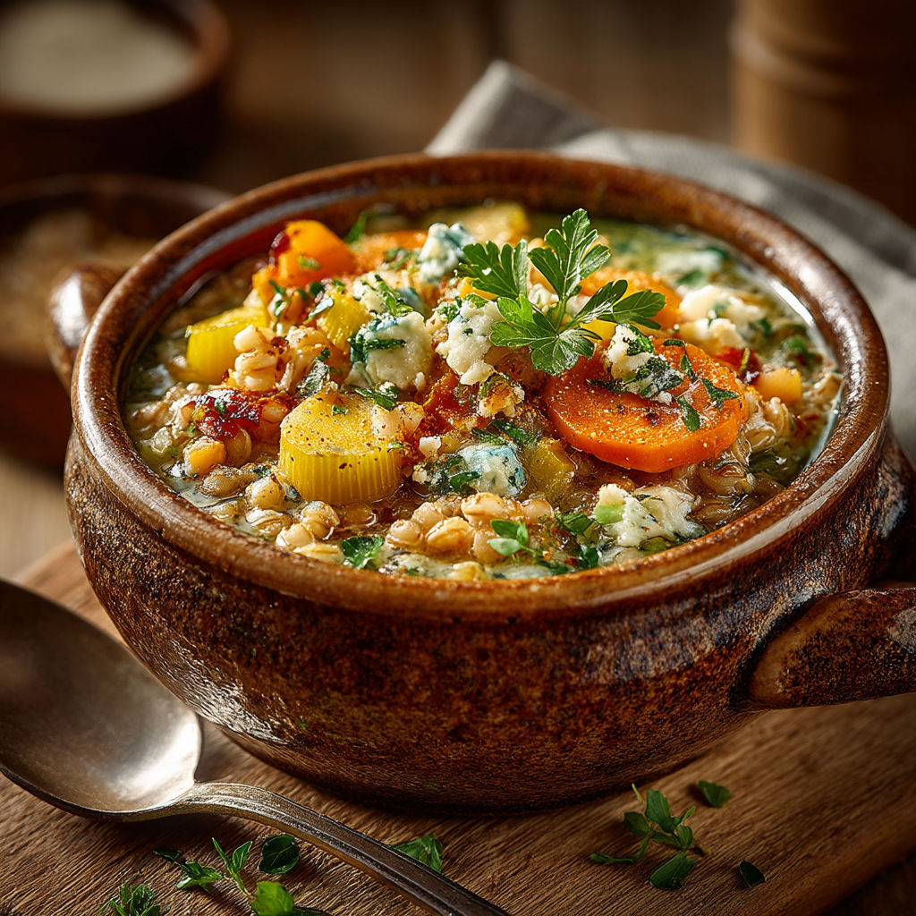 Une cocotte de blé aux légumes est sur une table.