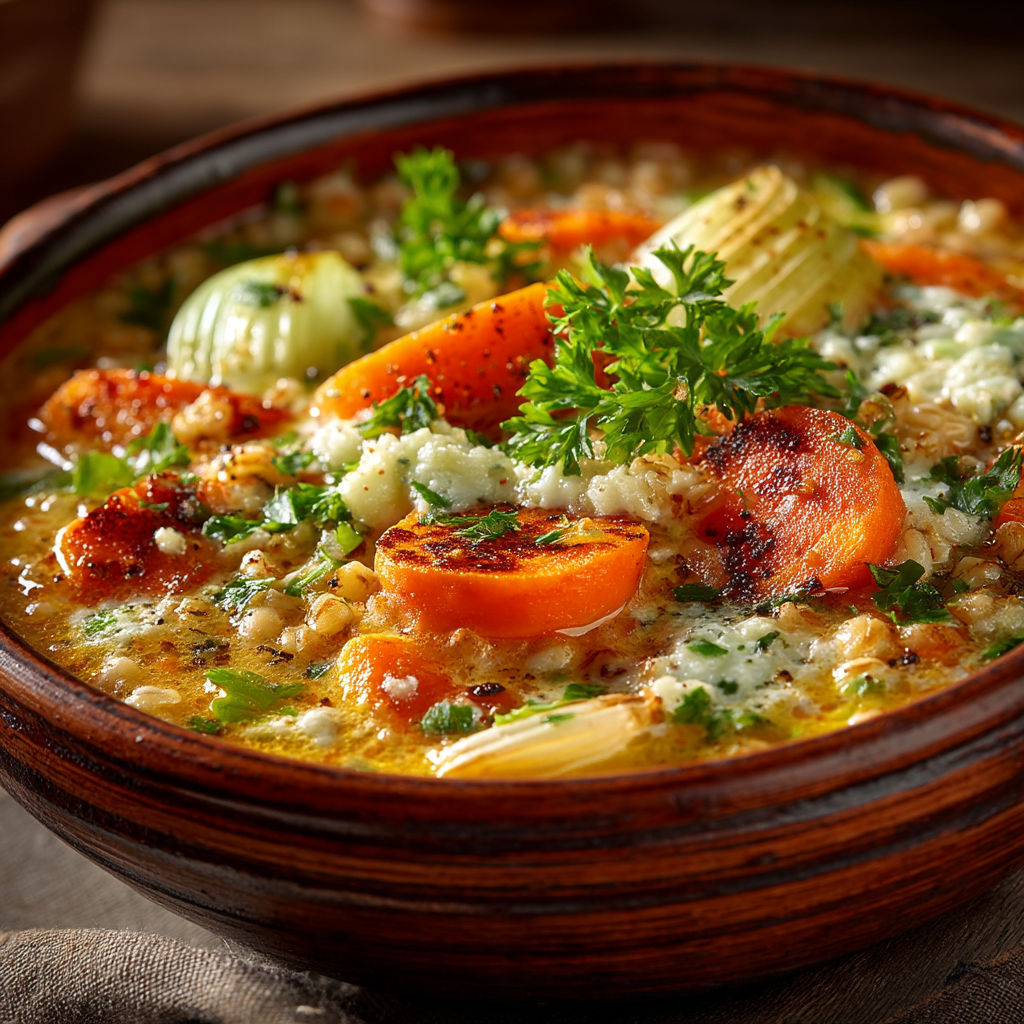 Une soupe chaude avec des légumes et des carottes.