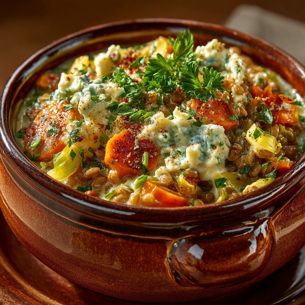 Un bol de soup avec des légumes et des herbes.