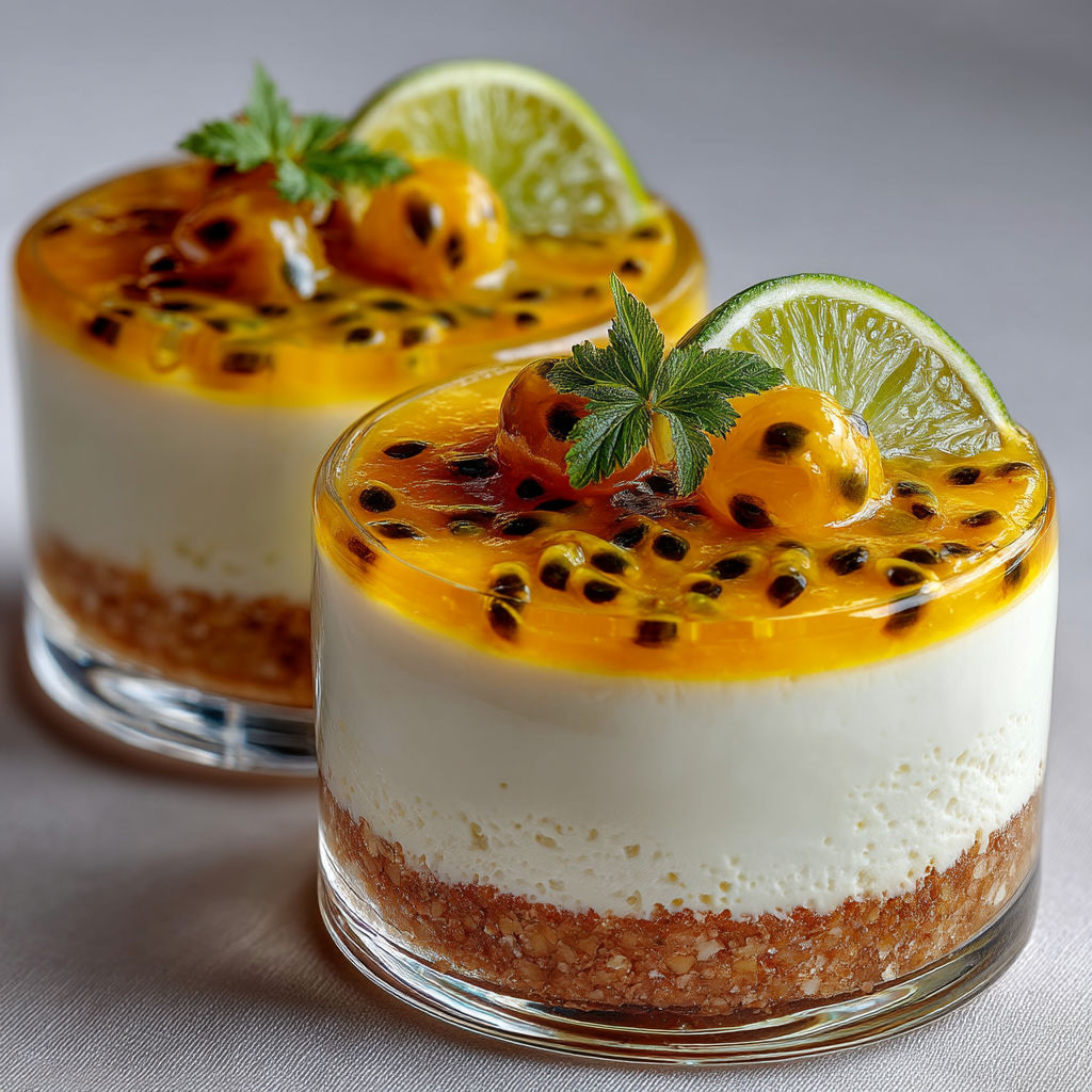 Des coupes de cheesecake exotiques avec des fruits.