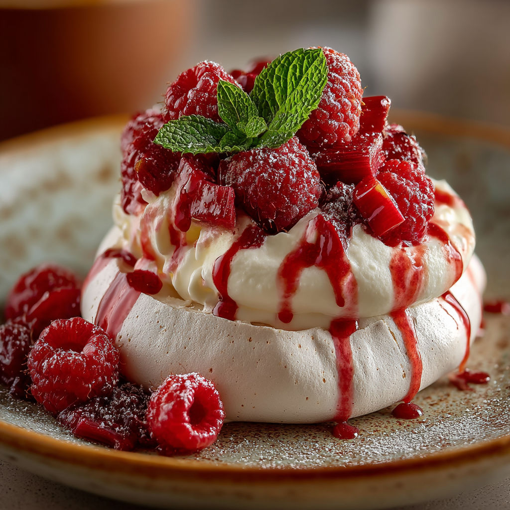 Pavlova à la Framboise et Rhubarbe pochée.