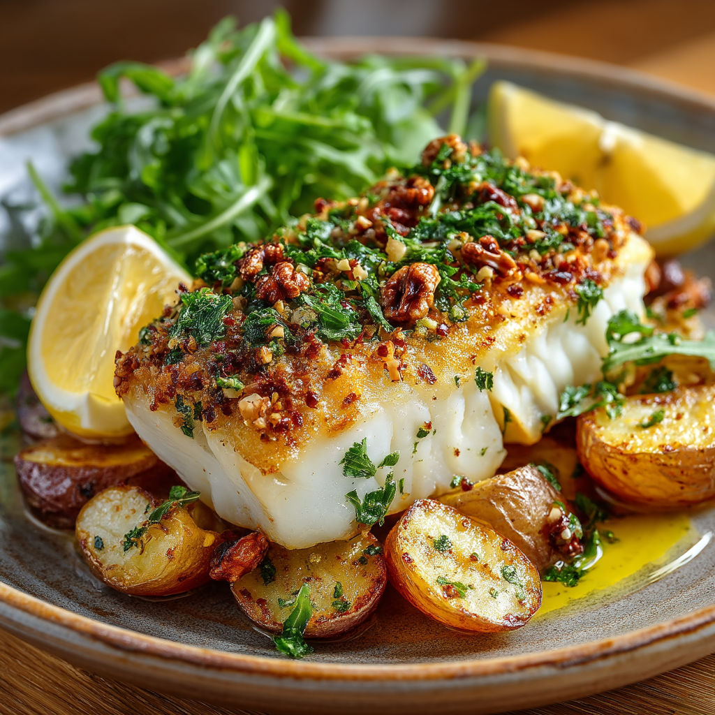 Un poisson grillé avec des légumes et des citrons.