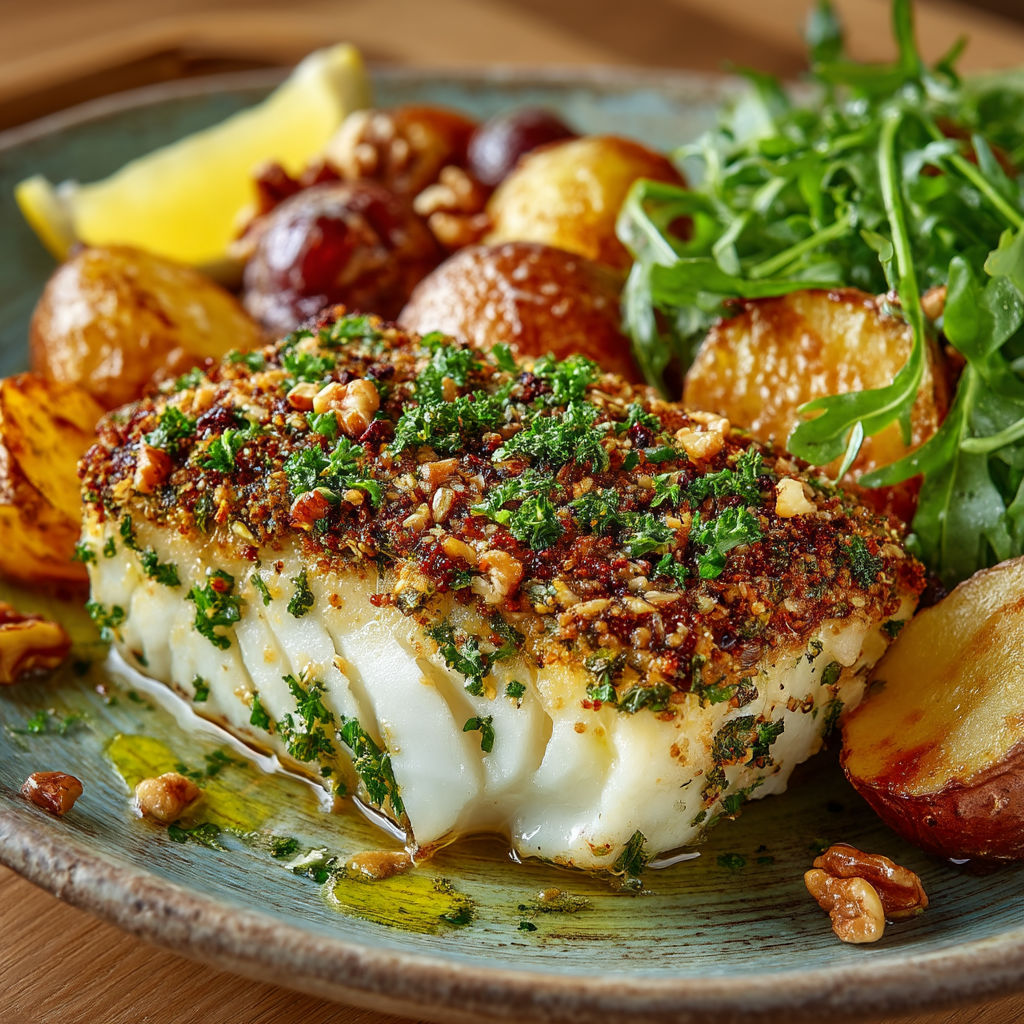 Plate of food with fish, potatoes, and greens.