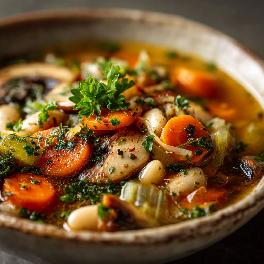 Une soupe chaude avec des légumes et des carottes.