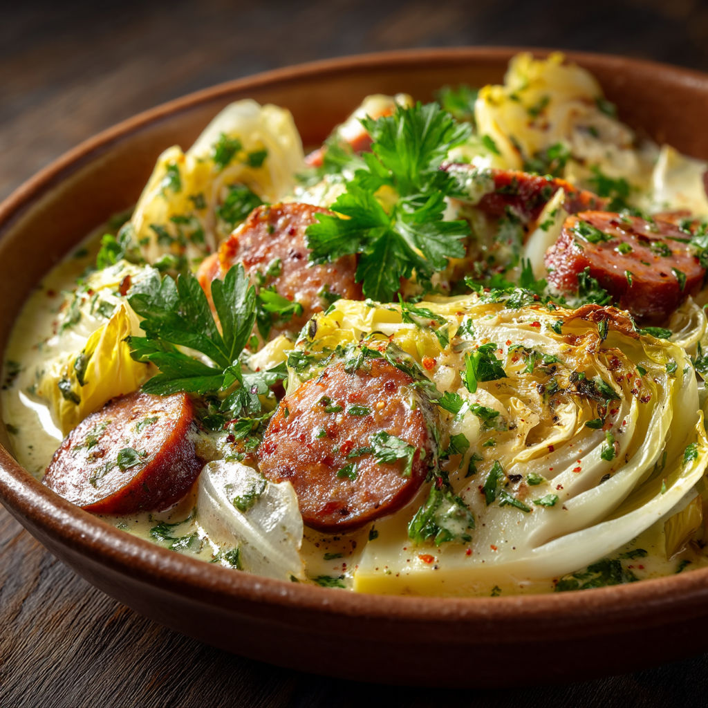 Une assiette de bouillon avec des légumes et des saucisses.