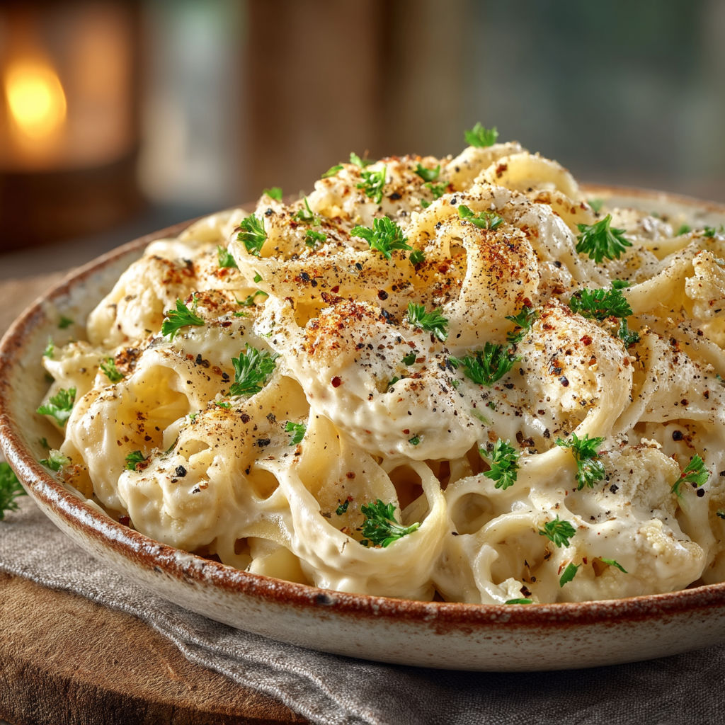 Une assiette de pâtes sauce alfredo au chou-fleur.