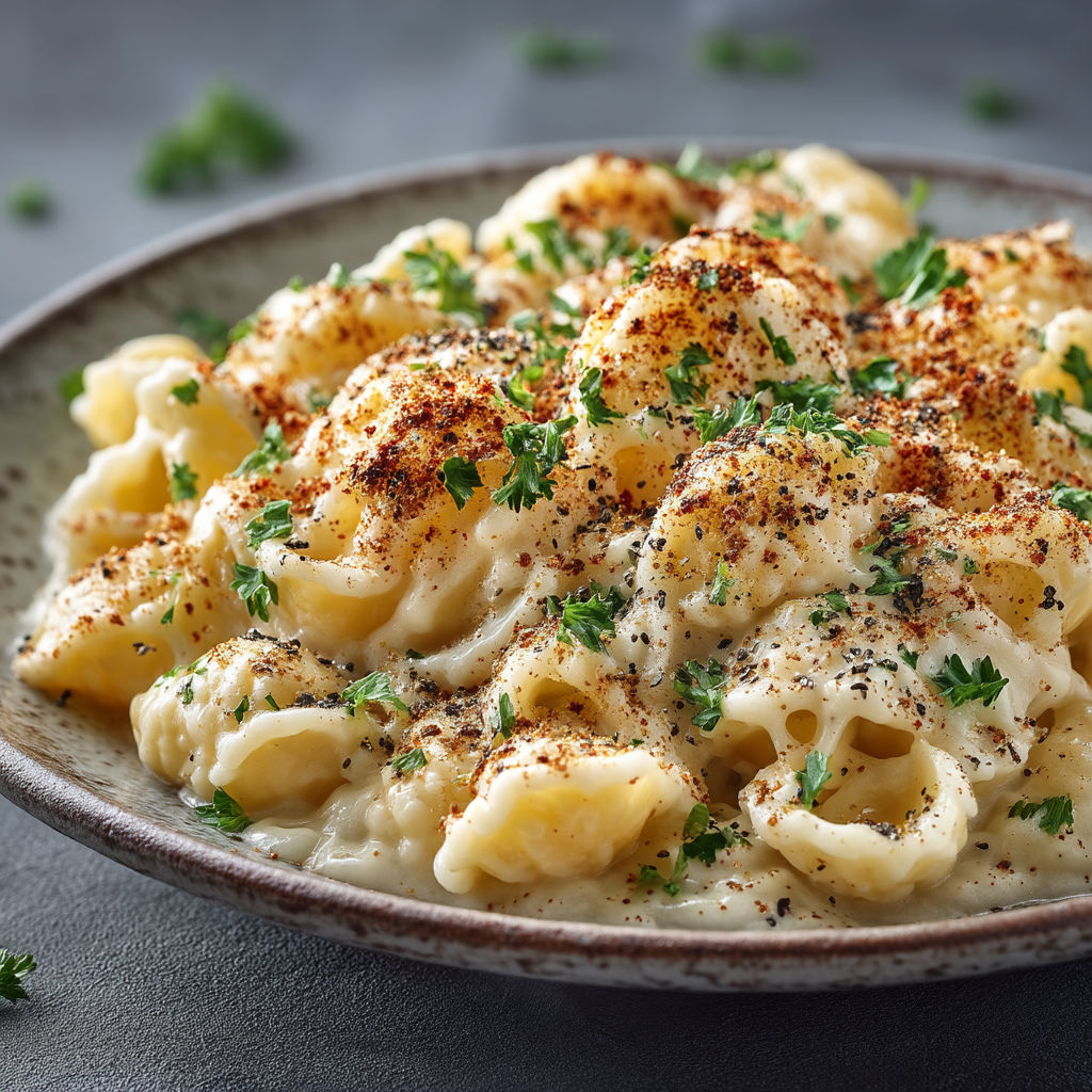 Une assiette de pâtes sauce alfredo au chou-fleur.