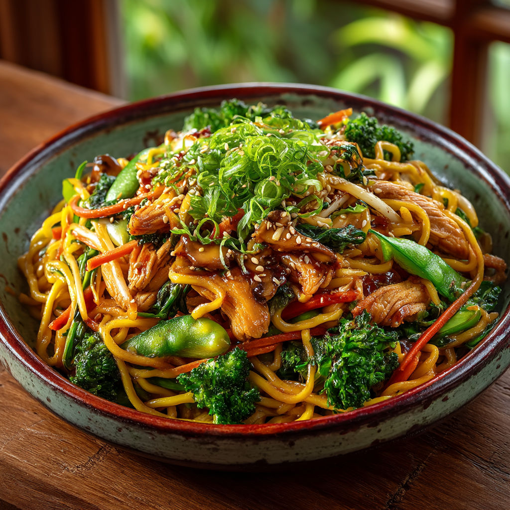 Une assiette de noodles avec des légumes verts.
