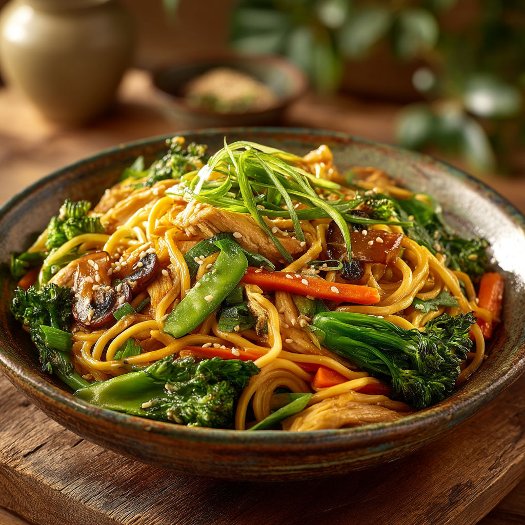 Une assiette de noodles avec des légumes verts.