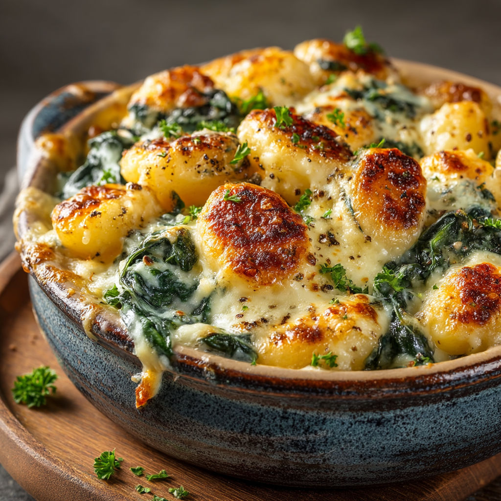 Gratin de gnocchis aux épinards et gorgonzola.