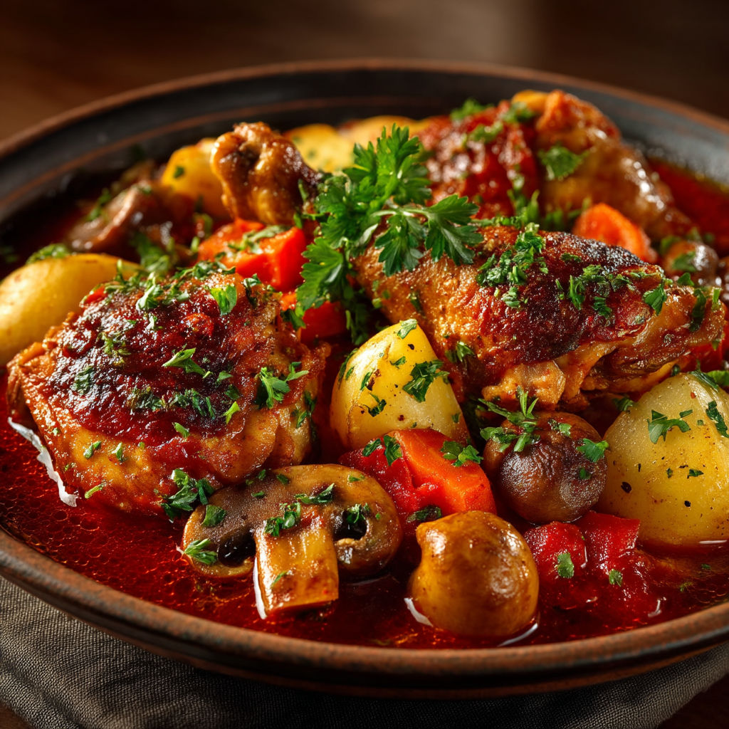 Ragoût de cuisses de poulet aux légumes.