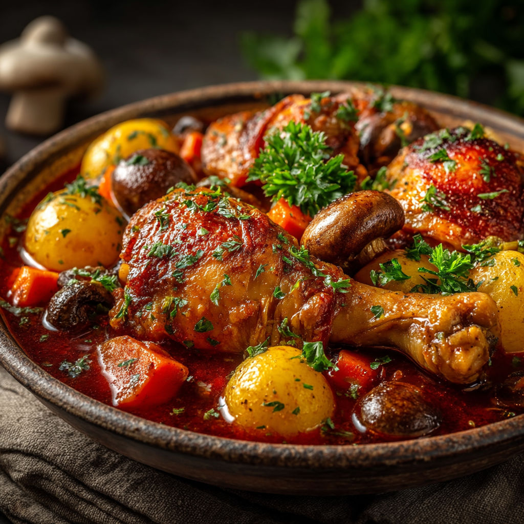 Une assiette de poulet et de légumes.
