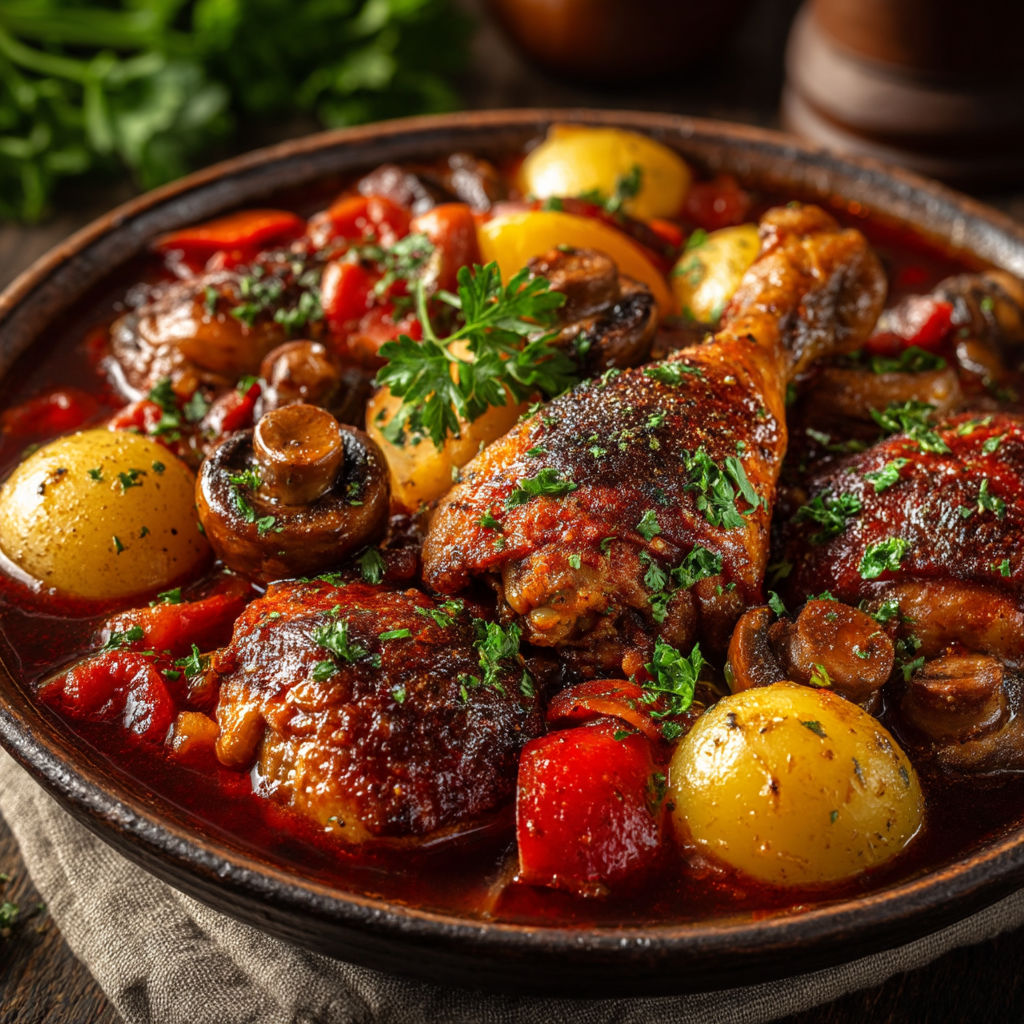 Un plat de viande avec des légumes et des champignons.