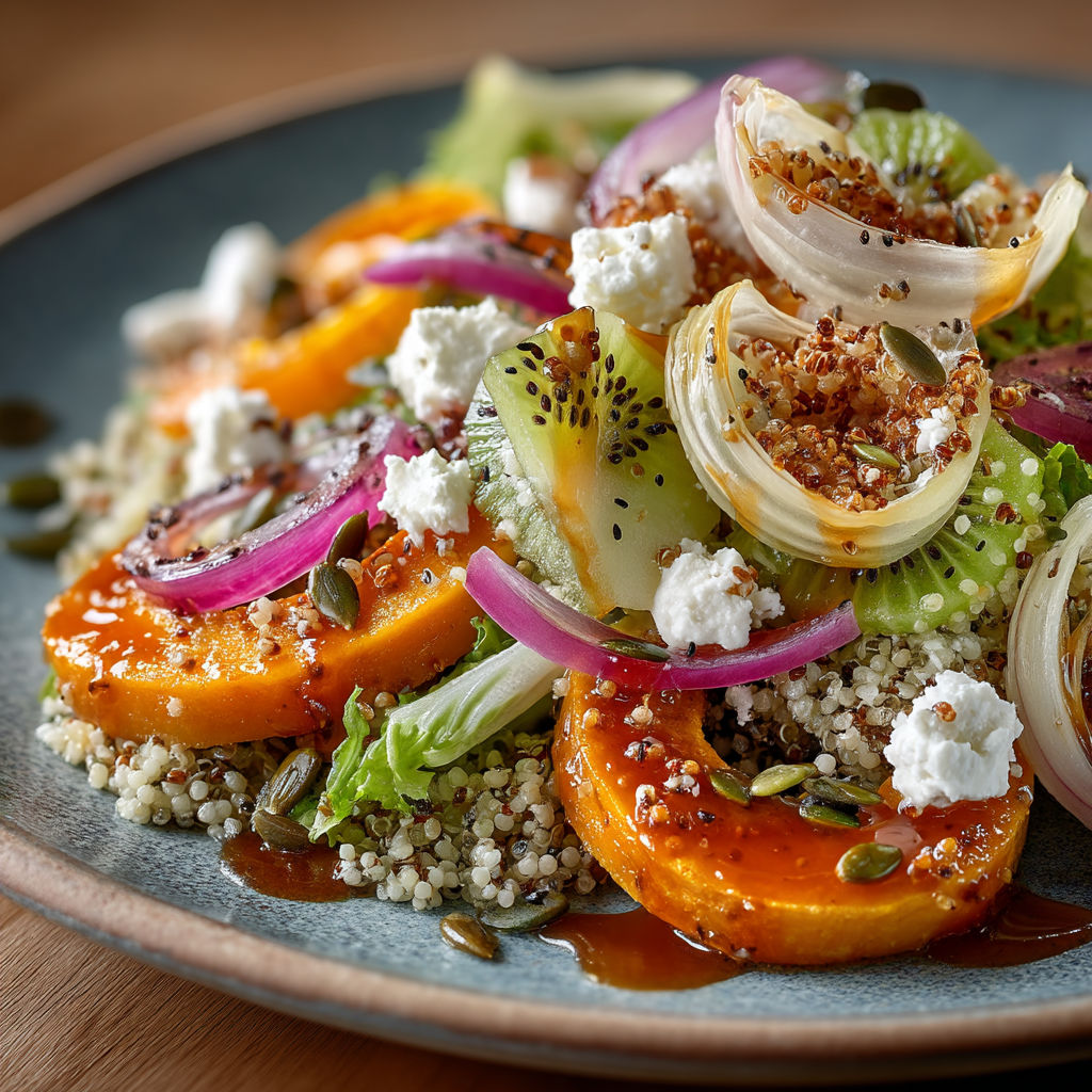 Une salade hivernale avec des endives, des potimarrons et des kiwis.