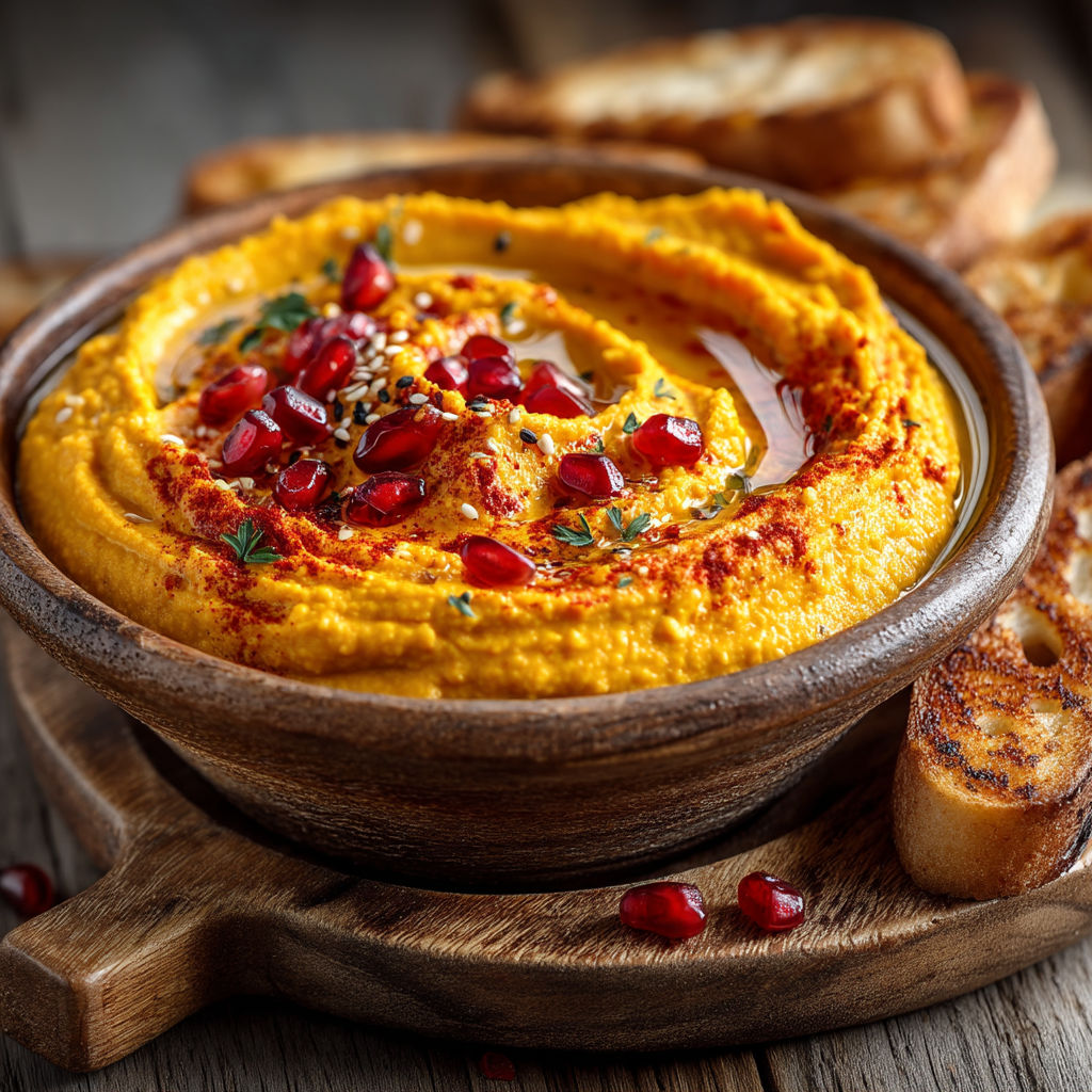 Une assiette de hummus avec des pommes et des croissants.