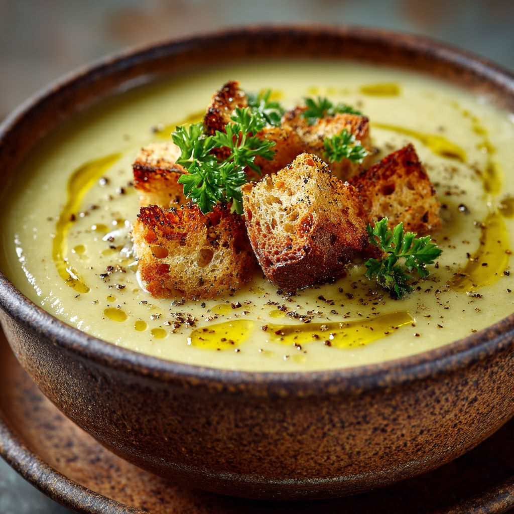 Une soupe chaude avec des tranches de pain grillé et des herbes.