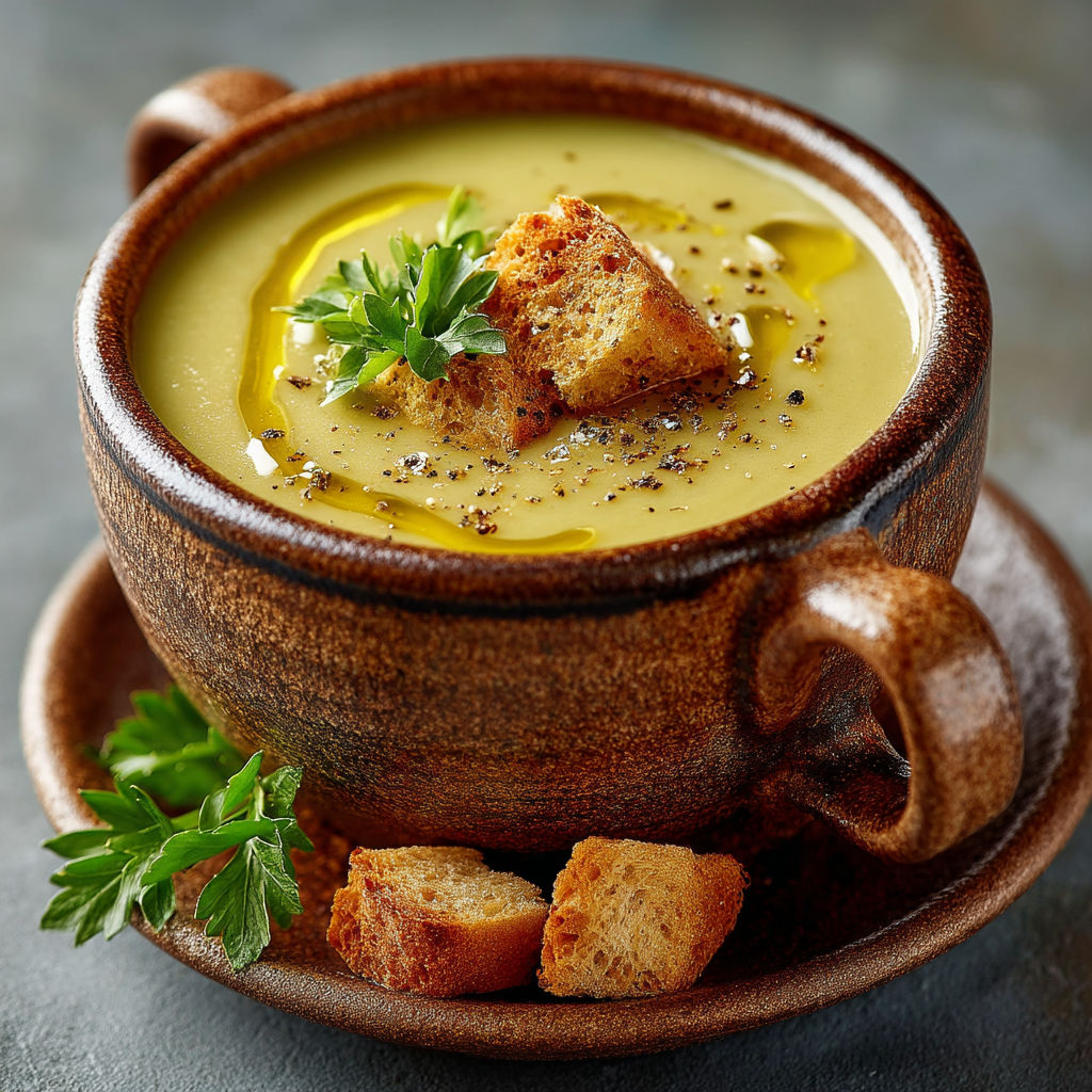 Une tasse de soupes avec des tranches de pain et des herbes.